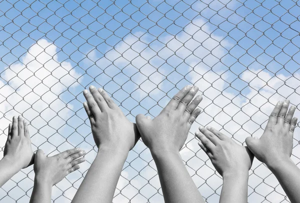 Black and white of bird hand sign inside fence — Stock Photo, Image