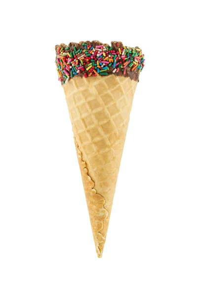 Empty waffle cone with sprinkles isolated on white background — Stock Photo, Image