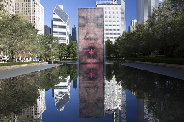 点燃的面孔在芝加哥千禧公园的喷泉 — 图库照片