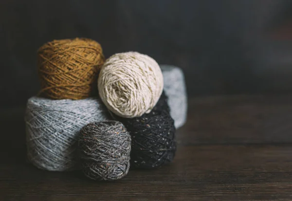 Cozy Skeins Yarn Hand Knitting Dark Wooden Background Background Handmade — Stock Photo, Image