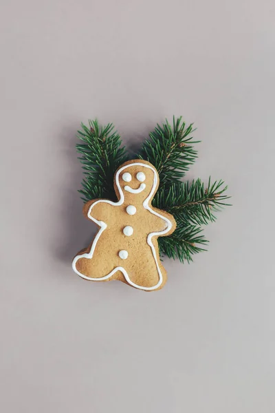 Gingerbread Man Spruce Branch Grey Background Holiday Eco Friendly Concept — Stock Photo, Image