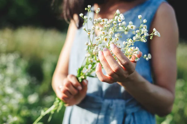 日光の下で牧草地に野の花の花束を持つ美しい女の子 夏の背景 — ストック写真