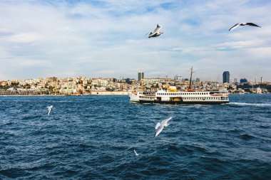 İstanbul 'un denizden inanılmaz manzarası, Boğaz, Türkiye. Uçan martılar suyun altında.