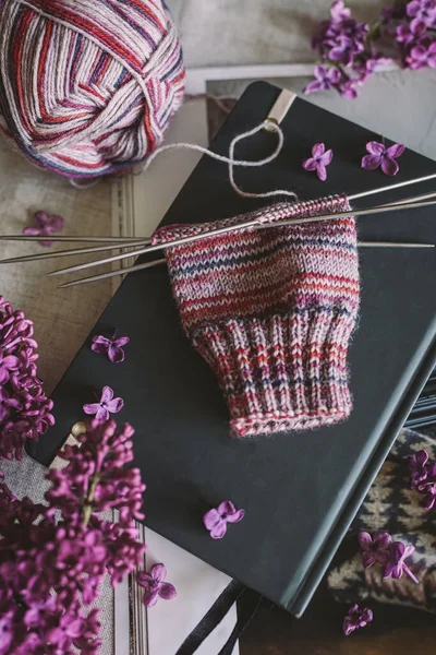 Hand Knitting Sock Needles Yarn Branches Blossoming Lilac Concept Handmade — Stock Photo, Image