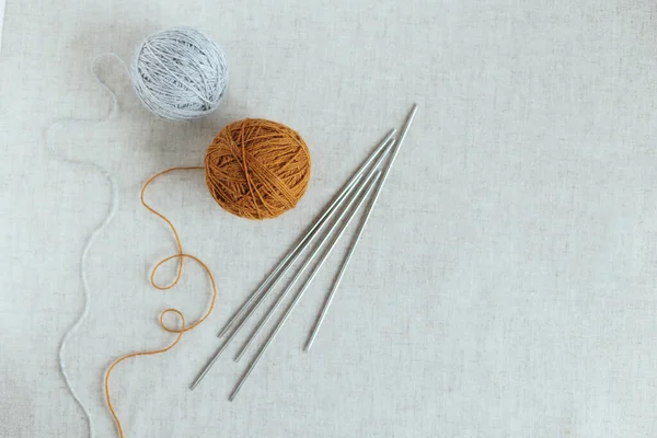 Cozy Ball Yarn Needles Knitting Background Handmade Slow Homelife Place — Stock Photo, Image