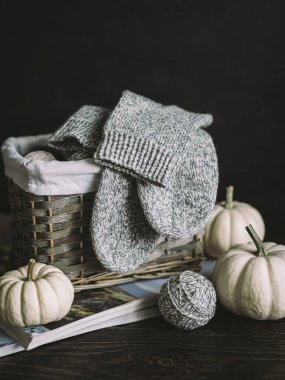 Şırıngalı el örgüsü çoraplar, iplik topları ve tahta arka planda balkabakları. El yapımı ve yavaş yaşam için higge kavramı.  