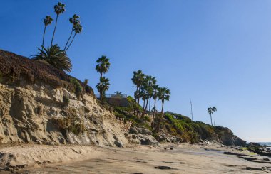 Bulutsuz bir günde San Clemente rıhtımının manzarası kayalık plajlar, yüksek palmiye ağaçları ve pahalı sahil manzaralı gayrimenkul.. 