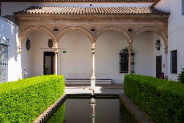 Seville, İspanya - 28 Haziran 2018: Alcazar, Sevilla 'nın göbeğinde popüler bir turistik merkezdir.. 