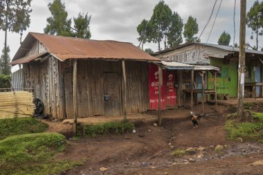Migori, Kenya, - 17 Haziran 2025: Çalışan ve yaşayan insanların toprak yollarından görülen şehir hayatı. Boş bir dükkan ve yiyecek aramak için etrafta dolaşan bir tavuk..