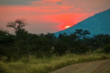 Güneş dağların ardında batıyor. Ufuk çizgisine kadar uzanan toprak bir yol var. Central Serengeti Ulusal Parkı, Tanzanya 'da kasvetli, kara bulutlar var..