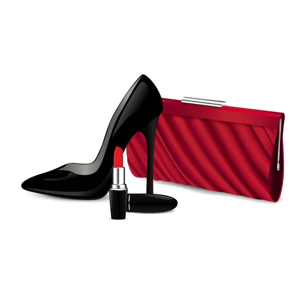 Zapatos negros, lápiz labial y embrague rojo — Archivo Imágenes Vectoriales