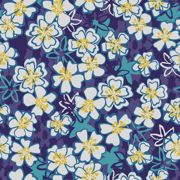 Lichte bloemen naadloze vector patroon op blauw — Stockvector