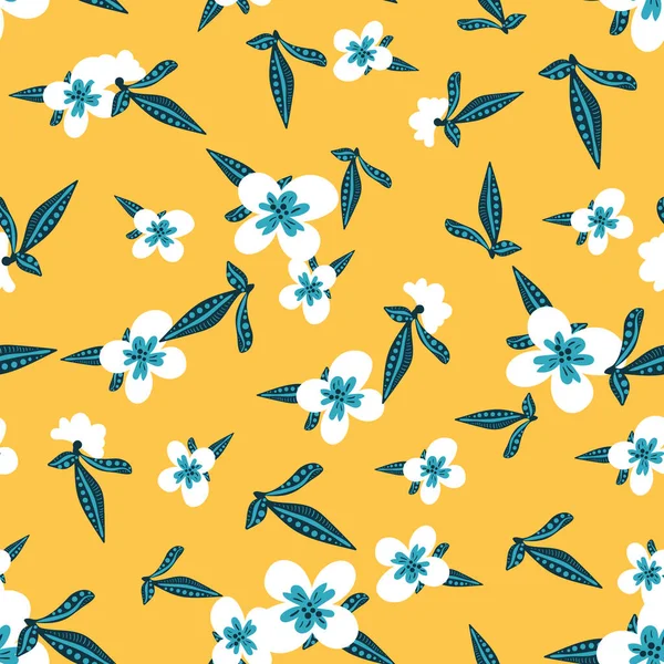 White flowers and teal leaves pattern on yellow — Stock Vector