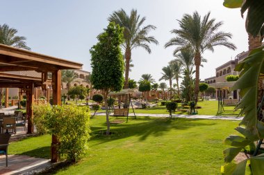 Hurghada, Mısır - 30 Eylül 2020: SUNRISE Mamlouk Palace Resort otelinde palmiye ağaçları olan Mısır bahçesi