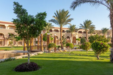 Hurghada, Mısır - 25 Eylül 2020: SUNRISE Mamlouk Palace Resort otelinde palmiye ağaçları olan Mısır bahçesi