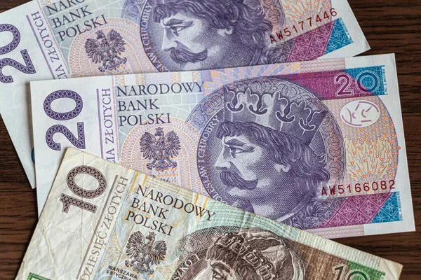 Närbild Polska Papperspengar Sedlar Värda Tjugo Och Tio Zloty — Stockfoto