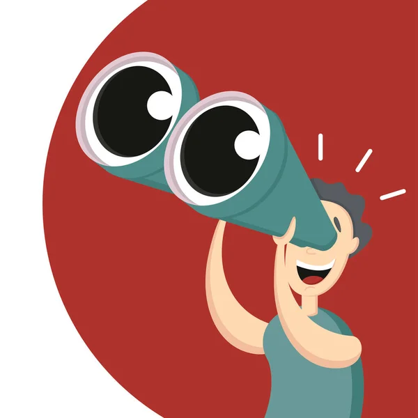 Bir adam dürbünle bakar. Gördüklerinden memnundu. Vektör çizimi. Arama temalı pankart, harika teklif.