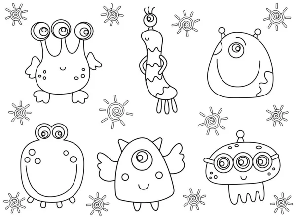 Vektör komik canavarlar, uzaylılar. Çocuklar için boyama kitabı. Tema alanı, Cadılar Bayramı