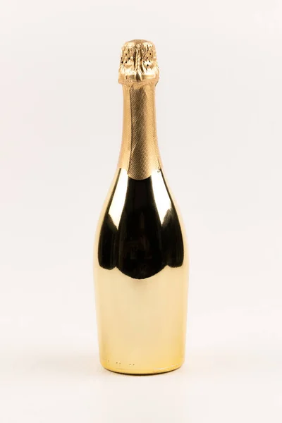 Bouteille Champagne Festive Scellée Avec Papier Sur Fond Table Bois — Photo