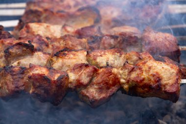 Aromatik taze ızgara et, taze havadaki ızgarada şiş.