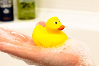 Banyoda parlak sarı ördek yavrusu var.