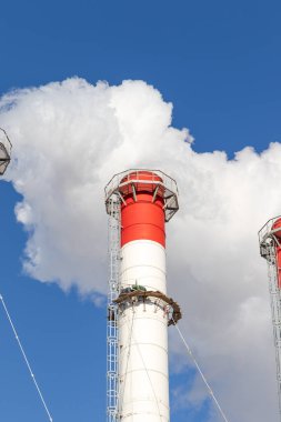 Kazan dairesinin kırmızı-beyaz bacaları, trafik ışığı ile donatılmış. Endüstriyel tırmanışçılar rutin onarımları yaparlar. Beyaz duman mavi gökyüzü arka planında