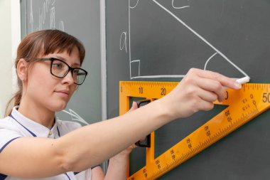 Tahtadaki sınıftaki öğretmen genç bayan cetvelle bir üçgen çiziyor. Portre. Kapat.