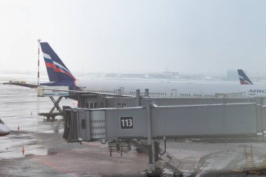 Moskova. - Rusya. 01.01.2021. Aeroflot Ural Havayolları uçak parkı. Sheremetyevo Havalimanı fırtınalı bir havada