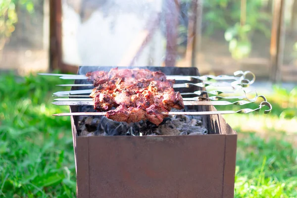 Čerstvé Voňavé Shish Kebab Vaří Dřevěném Uhlí Grilu Kouři Pozadí — Stock fotografie