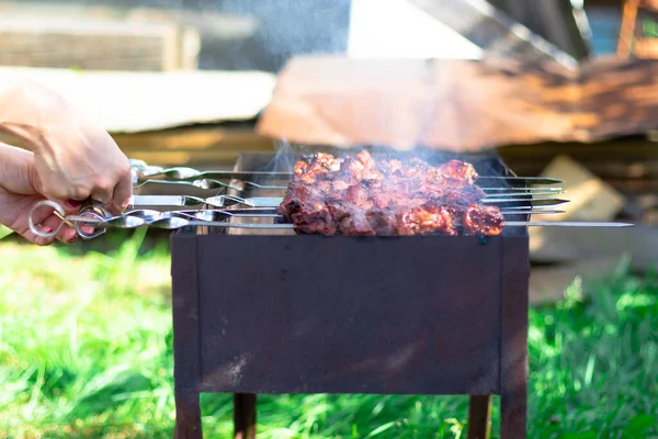 Samičí Ruce Připravují Grilu Aromatické Čerstvé Maso Pozadí Zeleného Listí — Stock fotografie