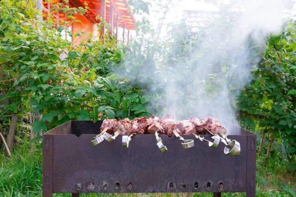 Čerstvé Voňavé Shish Kebab Vaří Dřevěném Uhlí Grilu Kouři Pozadí — Stock fotografie