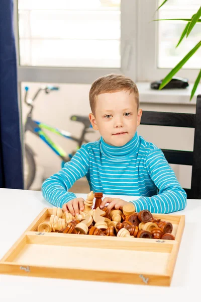 Cute Seven Year Old Child Boy Playing Chess Home White — Stock Photo, Image