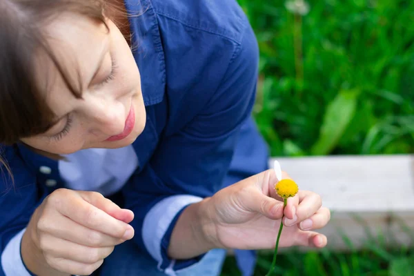 Söt Ung Kvinna Blå Skjorta Gissar Kamomill Ängen Selektivt Fokus — Stockfoto