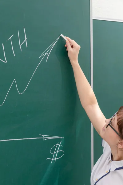 オフィスの黒板に白いブラウスと眼鏡を着た若い女性ビジネスコーチが利益グラフを描いています — ストック写真