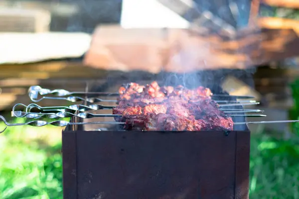 Čerstvé Voňavé Shish Kebab Vaří Dřevěném Uhlí Grilu Kouři Pozadí — Stock fotografie