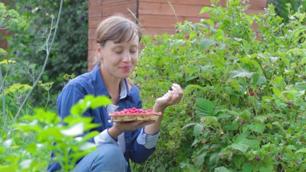 Une Belle Jeune Femme Chemise Bleue Jean Dans Village Récolte — Video