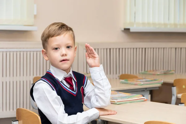 Förstaklassare Pojke Vid Ett Skrivbord Med Läroböcker Och Anteckningsböcker Klassrummet — Stockfoto