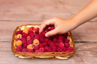 Ahşap bir arka planda sepetteki taze kokulu kırmızı ve sarı ahududular. Seçici odaklanma. Yakın plan.