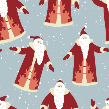 Noel Baba 'da kusursuz bir düzen var. Noel ve Yeni Yıl 2021. Vektör düz çizgi film çizimi. Tebrik kartı, davetiye, tekstil, ambalaj kağıdı için mükemmel.