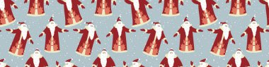 Noel Baba 'da kusursuz bir düzen var. Noel ve Yeni Yıl 2021. Vektör düz çizgi film çizimi. Tebrik kartı, davetiye, tekstil, ambalaj kağıdı için mükemmel.