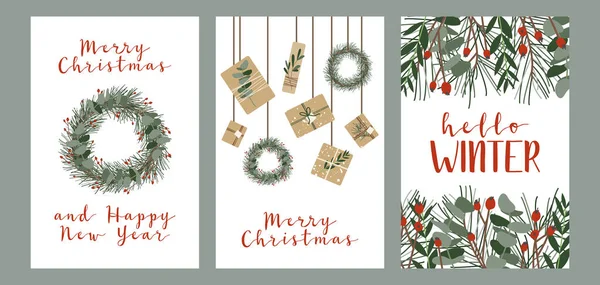 Farklı noel kartları, davetiyeler. Kraft kağıdına, mumlara ve çelenklere hediyeler. Kırsal hediye kutusu. Eko dekorasyon. Xmas ve Yeni Yıl Kutlama Hazırlığı. Vektör düz çizgi film biçimi