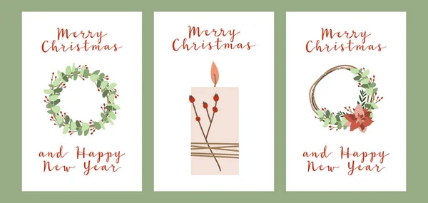 Set Mit Verschiedenen Weihnachtskarten Einladung Geschenke Kraftpapier Kerzen Und Kränze — Stockvektor