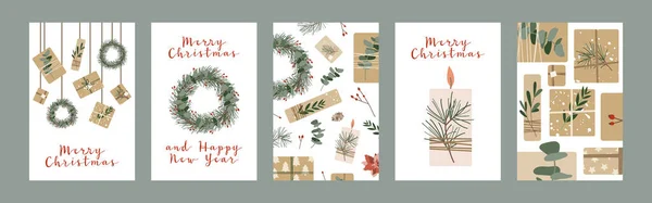 Farklı noel kartları, davetiyeler. Kraft kağıdına, mumlara ve çelenklere hediyeler. Kırsal hediye kutusu. Eko dekorasyon. Xmas ve Yeni Yıl Kutlama Hazırlığı. Vektör düz çizgi film biçimi