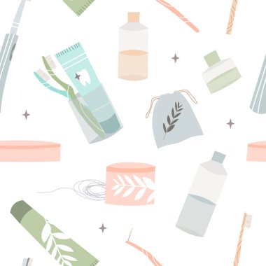 Ağız bakımı ve sağlık. Diş fırçası, diş macunu, diş fırçası, diş ipi, diş ipi, gargara, dil fırçası. Diş hijyeni, diş bakımı. Vektör düz çizgi film çizimi, pürüzsüz desen