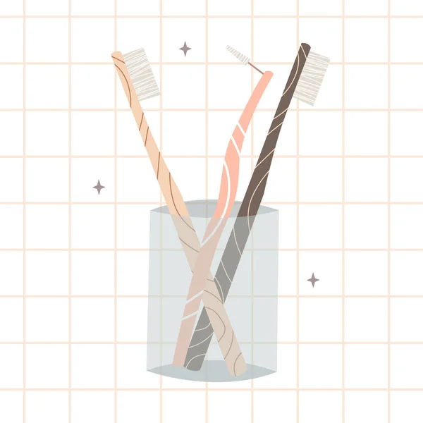 Perawatan Oral Alat Pembersih Gigi Sikat Gigi Bambu Dalam Gelas - Stok Vektor