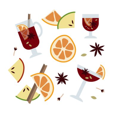 Noel aromalı kırmızı şarap, elma, tarçın, karanfil, kakule ve anason. Sangria. Sıcak kış içeceği. Geleneksel Xmas içeceği. Vektör düz çizgi film illüstrasyonu