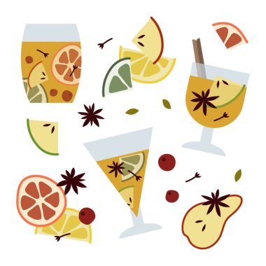 Noel aromalı beyaz şarap, elma, tarçın, karanfil, kakule, anason. Sıcak kış içeceği. Sangria, elma şarabı. Geleneksel Xmas içeceği. Vektör düz çizgi film illüstrasyonu