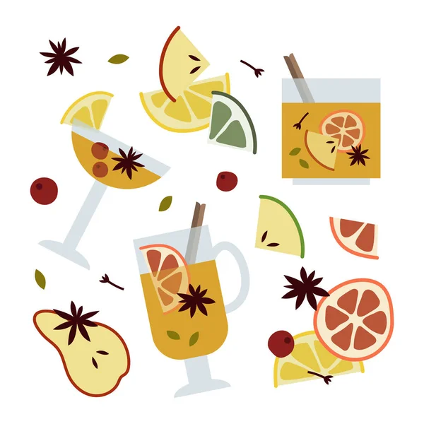 Christmas Mulled White Wine Citrus Fruit Apple Cinnamon Clove Cardamom — Stock Vector