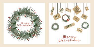Kare noel kartları, davetiye. Kraft kağıdı ve çelenk şeklinde hediyeler. Kırsal hediye kutusu. Eko dekorasyon. Xmas ve Yeni Yıl Kutlama Hazırlığı. Vektör düz çizgi film biçimi