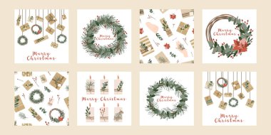 Kare noel kartları, davetiye. Kraft kağıdı ve çelenk şeklinde hediyeler. Kırsal hediye kutusu. Eko dekorasyon. Xmas ve Yeni Yıl Kutlama Hazırlığı. Vektör düz çizgi film biçimi